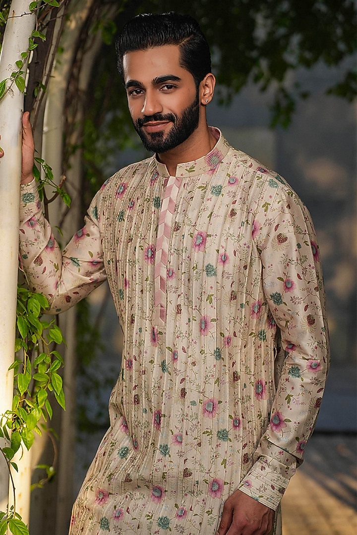 Ivory Fine Silk Chanderi Embroidered & Printed Kurta Set by Niti Bothra Men at Pernia's Pop Up Shop