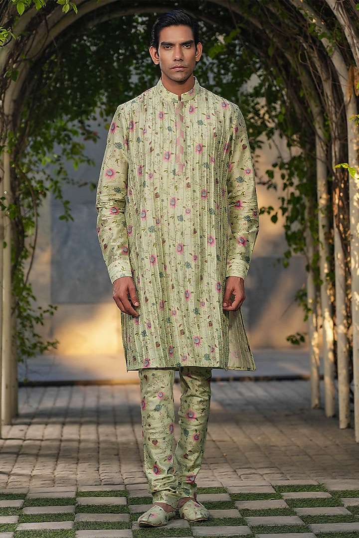 Mint Green Fine Chanderi Silk Kantha Stitch Embroidered Kurta Set by Niti Bothra Men