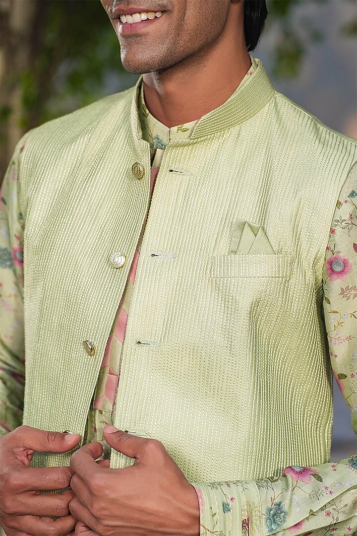 Mint Green Fine Chanderi Silk Kantha Stitch Embroidered Bundi Jacket by Niti Bothra Men at Pernia's Pop Up Shop