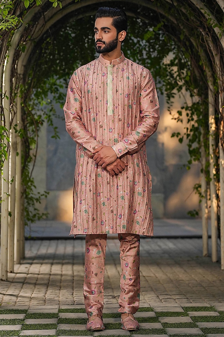 Blush Pink Fine Silk Chanderi Kantha Stitch Embroidered & Printed Kurta Set by Niti Bothra Men