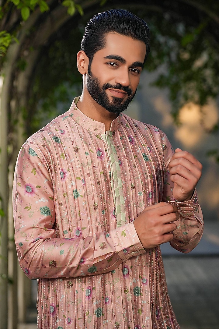 Blush Pink Fine Silk Chanderi Kantha Stitch Embroidered & Printed Kurta Set by Niti Bothra Men at Pernia's Pop Up Shop