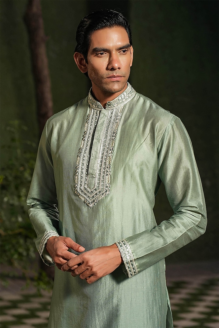 Turquoise Fine Silk Chanderi Printed Bundi Jacket Set by Niti Bothra Men at Pernia's Pop Up Shop