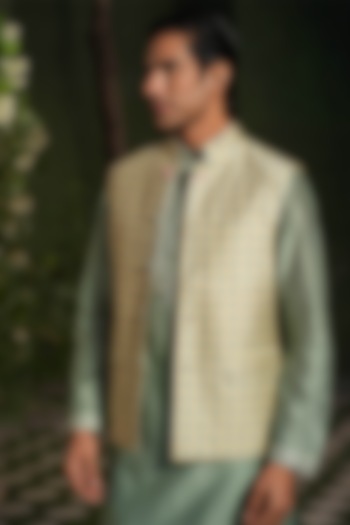 Ivory Fine Silk Chanderi Printed Bundi Jacket by Niti Bothra Men at Pernia's Pop Up Shop