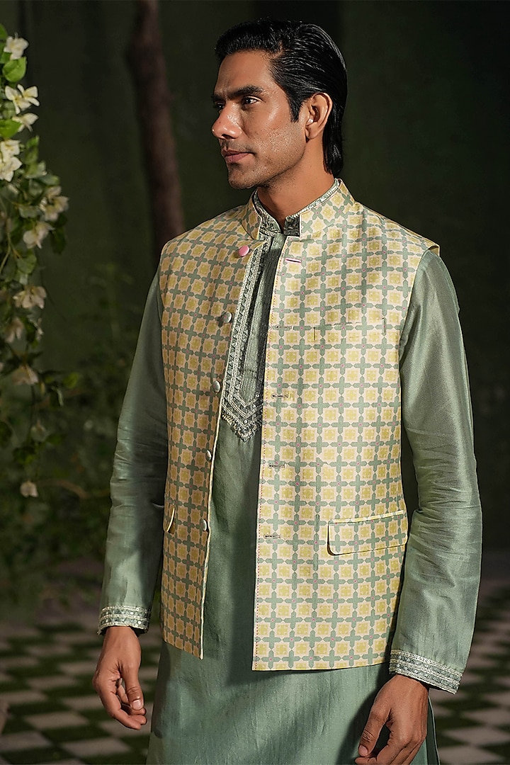 Ivory Fine Silk Chanderi Printed Bundi Jacket by Niti Bothra Men