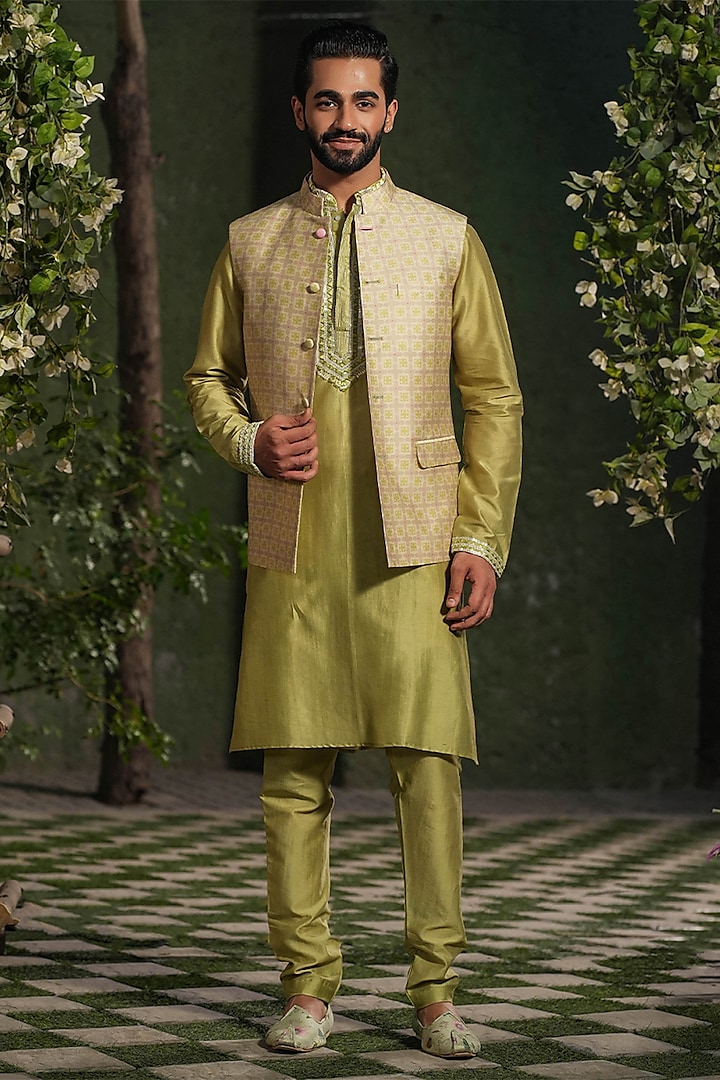 Sap Green Fine Silk Chanderi Printed Bundi Jacket Set by Niti Bothra Men