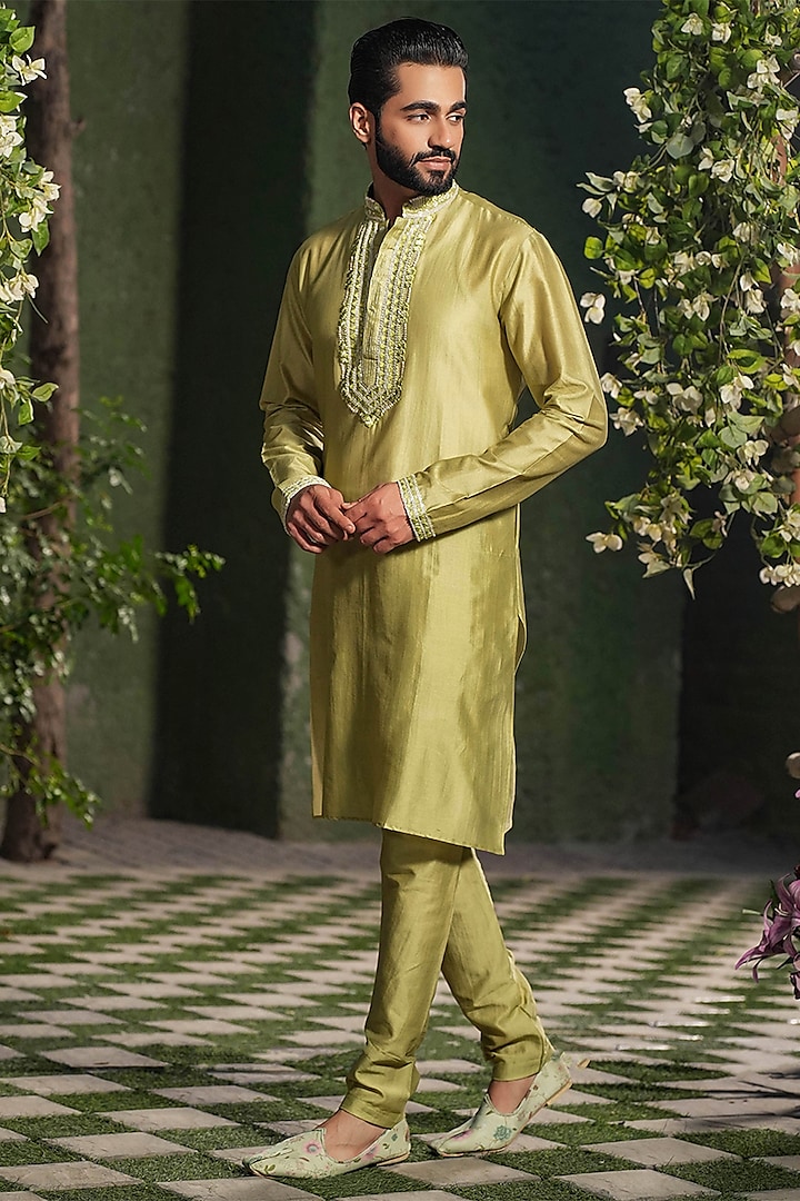 Sap Green Fine Silk Chanderi Hand Embroidered Kurta Set by Niti Bothra Men