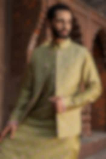 Green Fine Silk Chanderi Printed Bundi Jacket by Niti Bothra Men