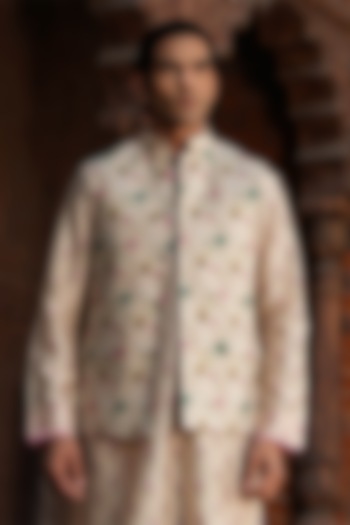 Ivory Fine Silk Chanderi Printed Bundi Jacket by Niti Bothra Men