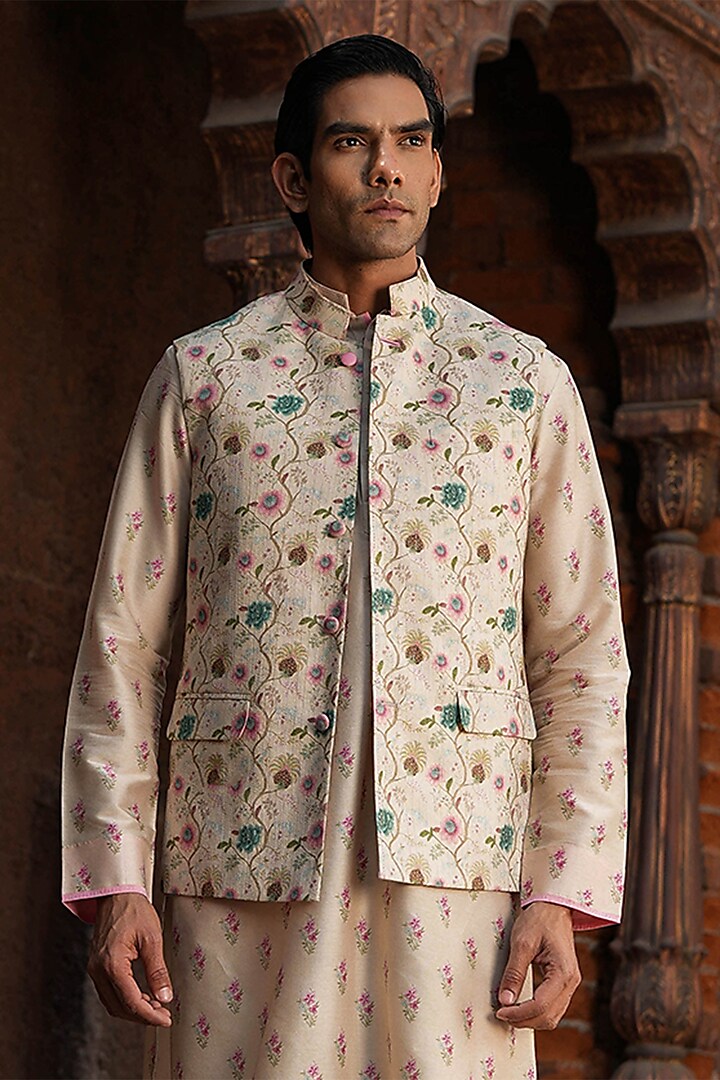 Ivory Fine Silk Chanderi Printed Bundi Jacket by Niti Bothra Men