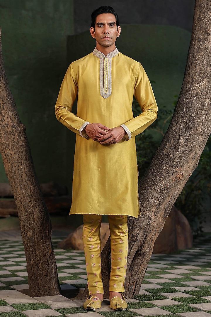 Yellow Fine Silk Chanderi Hand Embroidered Kurta Set by Niti Bothra Men