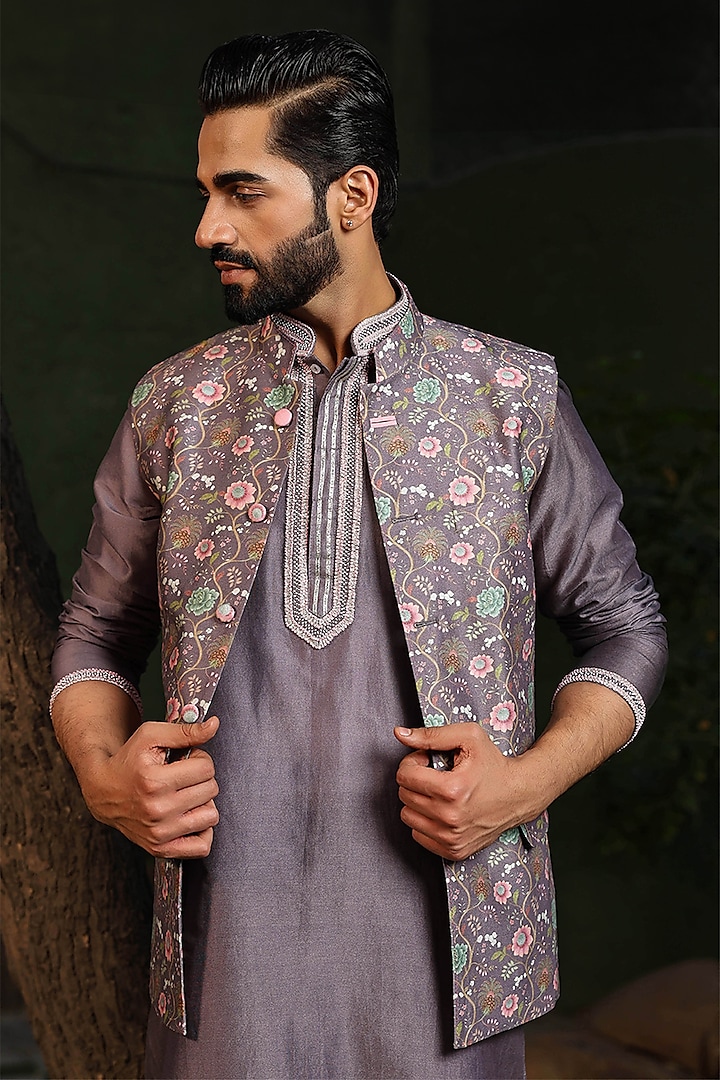 Purple Fine Silk Chanderi Printed Bundi Jacket by Niti Bothra Men at Pernia's Pop Up Shop