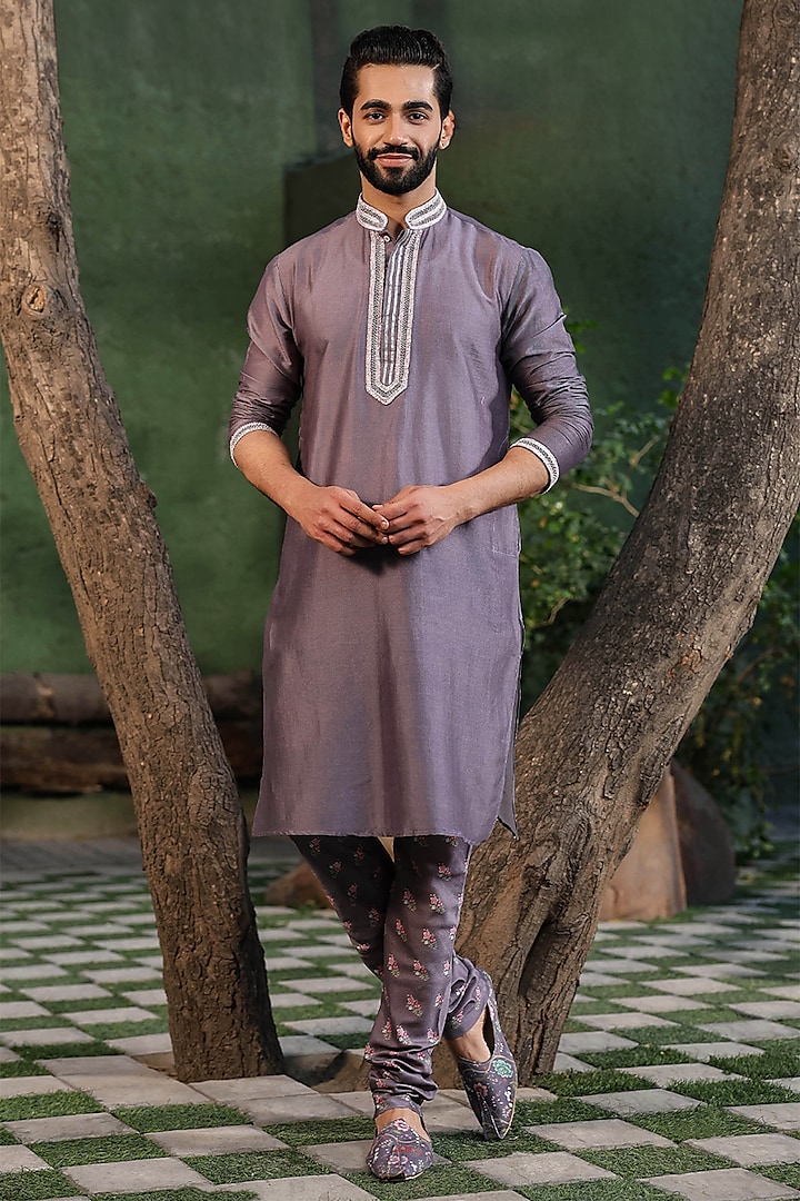 Purple Fine Silk Chanderi Hand Embroidered Kurta Set by Niti Bothra Men