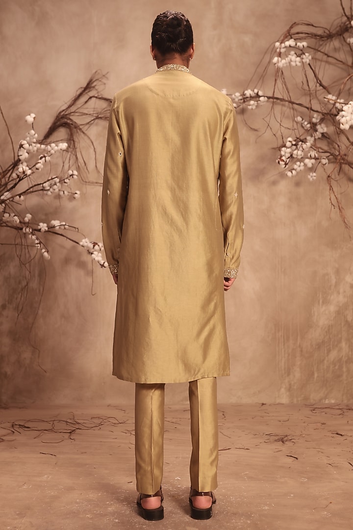 Light Green Silk Chanderi Mirror Embroidered Kurta Set by Niti Bothra Men at Pernia's Pop Up Shop