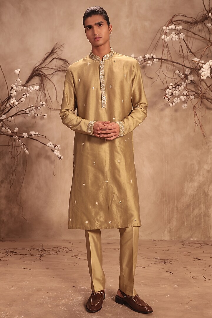Light Green Silk Chanderi Mirror Embroidered Kurta Set by Niti Bothra Men at Pernia's Pop Up Shop