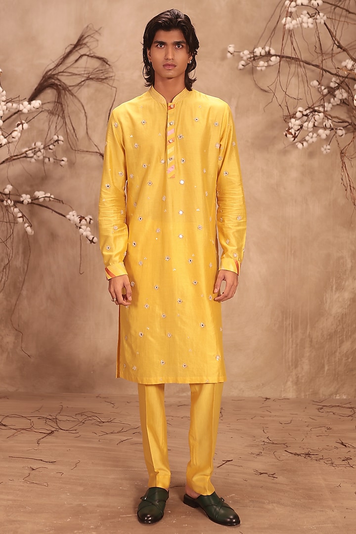 Yellow Silk Chanderi Zardosi Embroidered Kurta Set by Niti Bothra Men