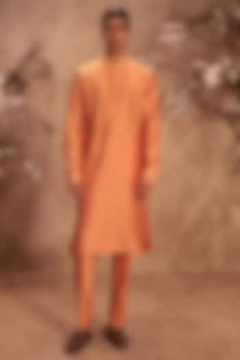 Orange Silk Chanderi Mirror Embroidered Kurta Set by Niti Bothra Men