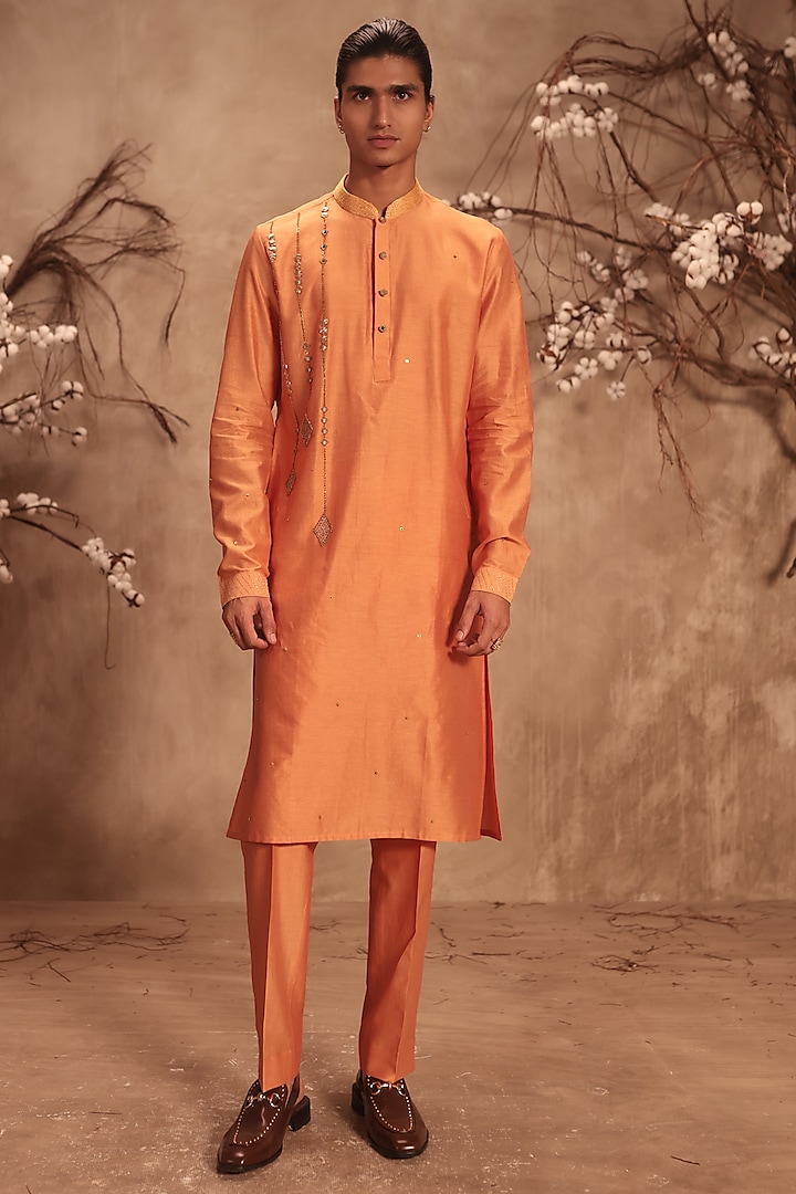 Orange Silk Chanderi Mirror Embroidered Kurta Set by Niti Bothra Men