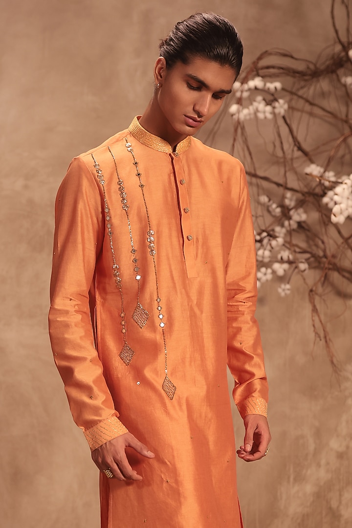 Orange Silk Chanderi Mirror Embroidered Kurta Set by Niti Bothra Men at Pernia's Pop Up Shop