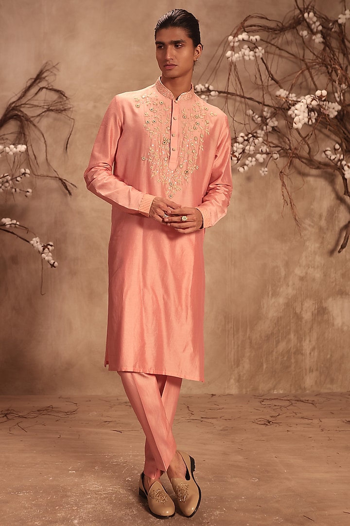 Pink Silk Chanderi Zardosi Embroidered Kurta Set by Niti Bothra Men