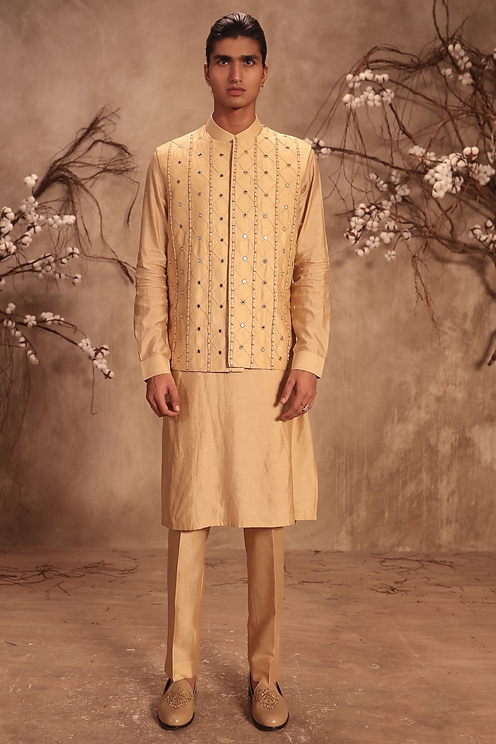 Ivory Silk Chanderi Zardosi Embroidered Bundi Jacket Set by Niti Bothra Men