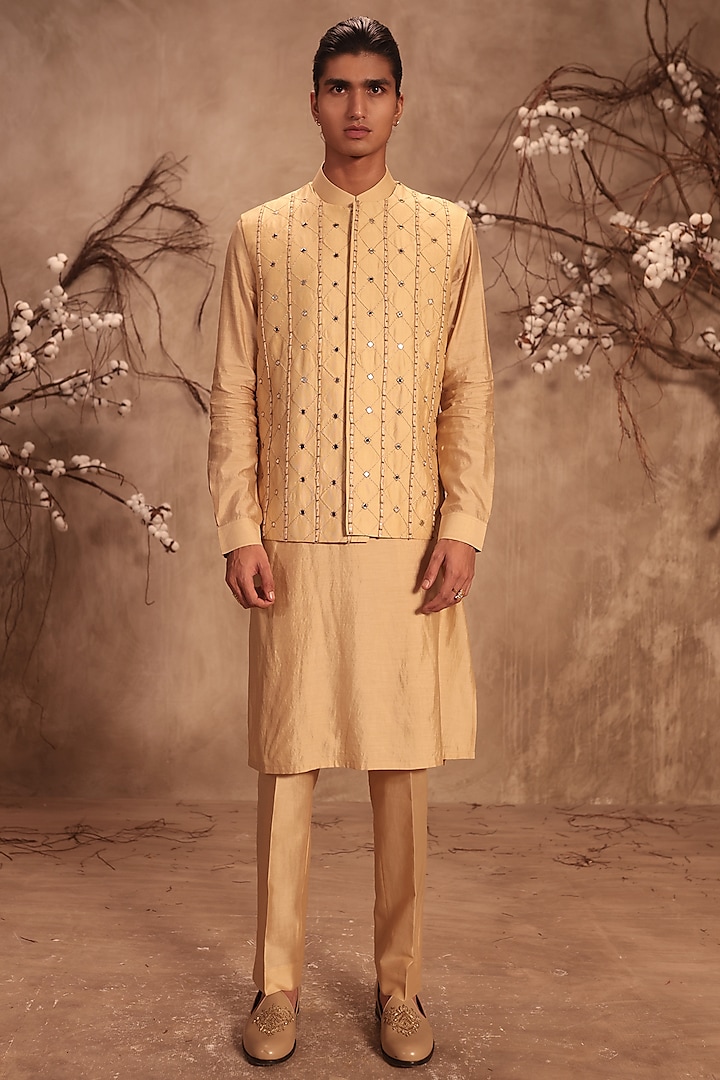 Ivory Silk Chanderi Zardosi Embroidered Bundi Jacket  by Niti Bothra Men