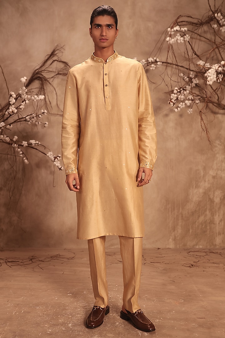 Ivory Silk Chanderi Tikki Embroidered Kurta Set by Niti Bothra Men