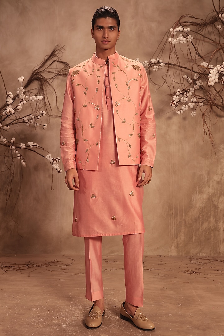 Pink Silk Chanderi Zardosi Embroidered Bundi Jacket Set by Niti Bothra Men