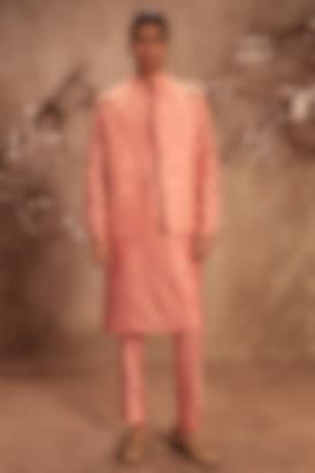 Pink Silk Chanderi Zardosi Embroidered Bundi Jacket by Niti Bothra Men
