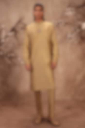 Light Green Silk Chanderi Mirror Embroidered Kurta Set by Niti Bothra Men