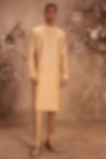Ivory Silk Chanderi Mirror Embroidered Kurta Set by Niti Bothra Men