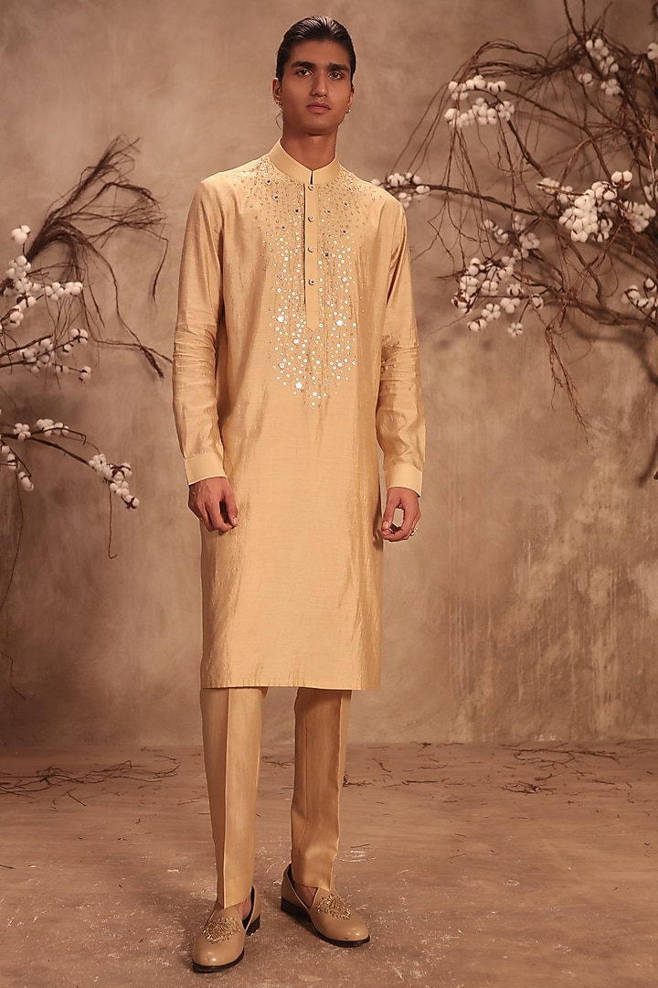 Ivory Silk Chanderi Mirror Embroidered Kurta Set by Niti Bothra Men