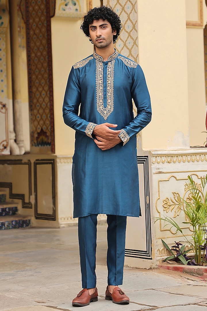 Blue Silk Tencel Zardosi Embroidered Kurta Set by Niti Bothra Men at Pernia's Pop Up Shop