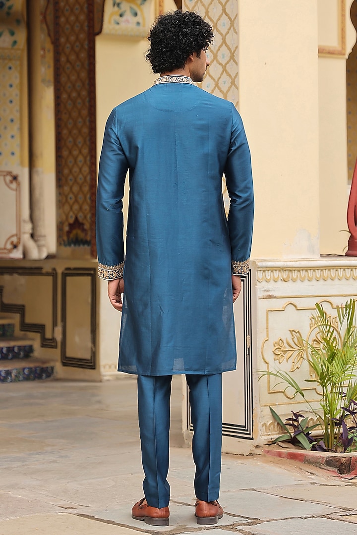 Blue Silk Tencel Zardosi Embroidered Kurta Set by Niti Bothra Men at Pernia's Pop Up Shop