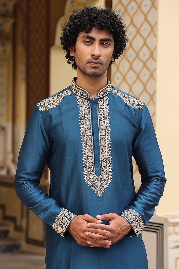 Blue Silk Tencel Zardosi Embroidered Kurta Set by Niti Bothra Men at Pernia's Pop Up Shop