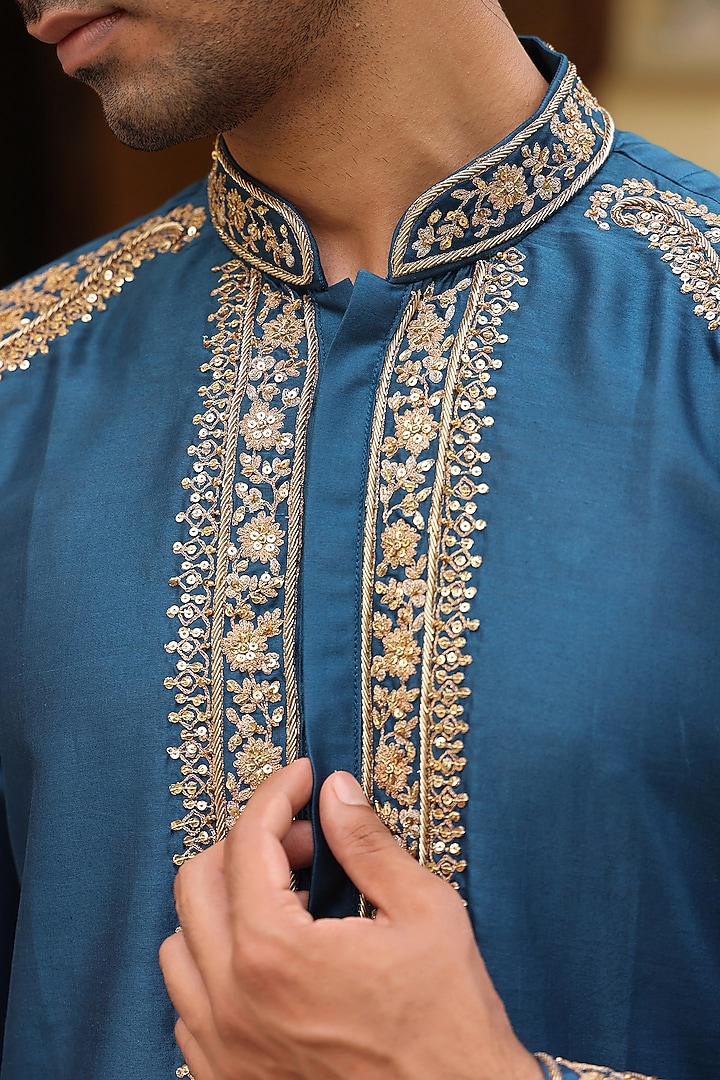 Blue Silk Tencel Zardosi Embroidered Kurta Set by Niti Bothra Men at Pernia's Pop Up Shop