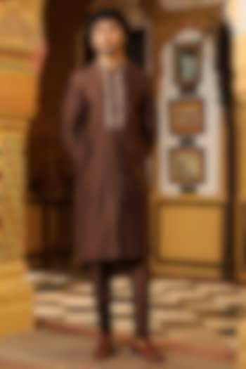 Brown Silk Tencel Zardosi Embroidered Kurta Set by Niti Bothra Men at Pernia's Pop Up Shop