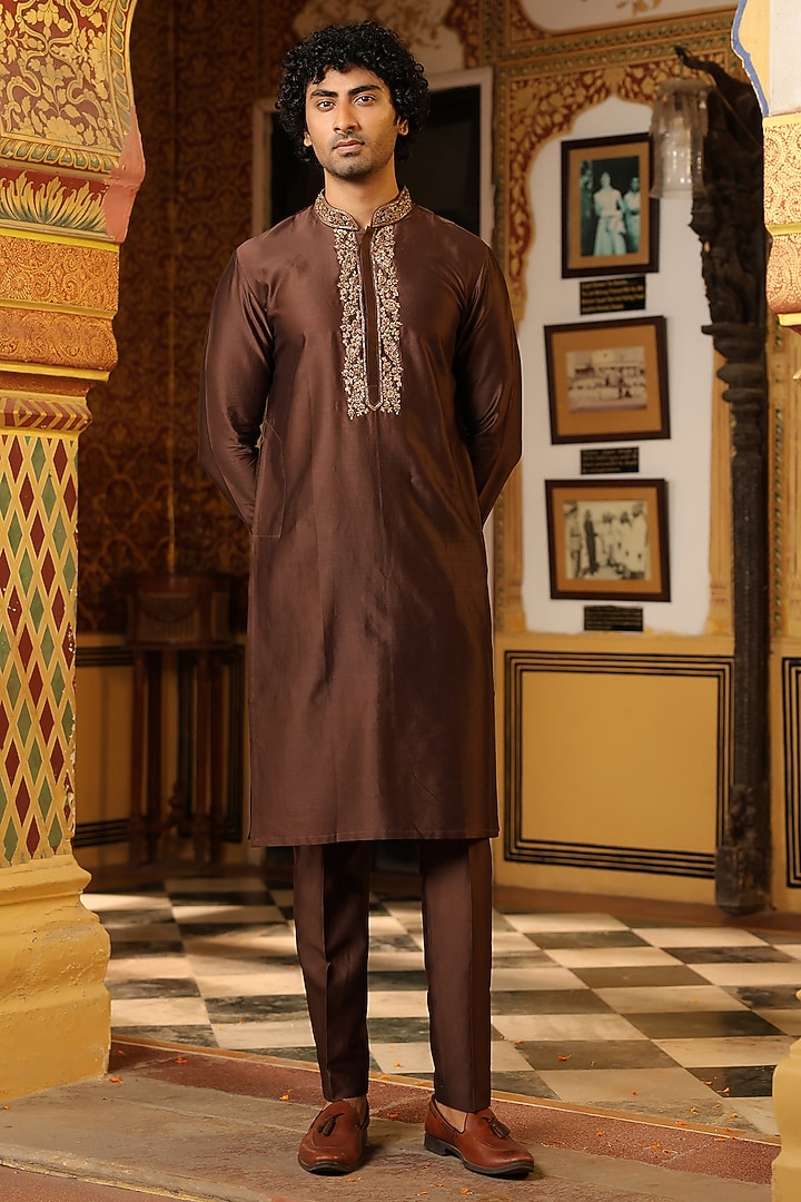 Brown Silk Tencel Zardosi Embroidered Kurta Set by Niti Bothra Men at Pernia's Pop Up Shop