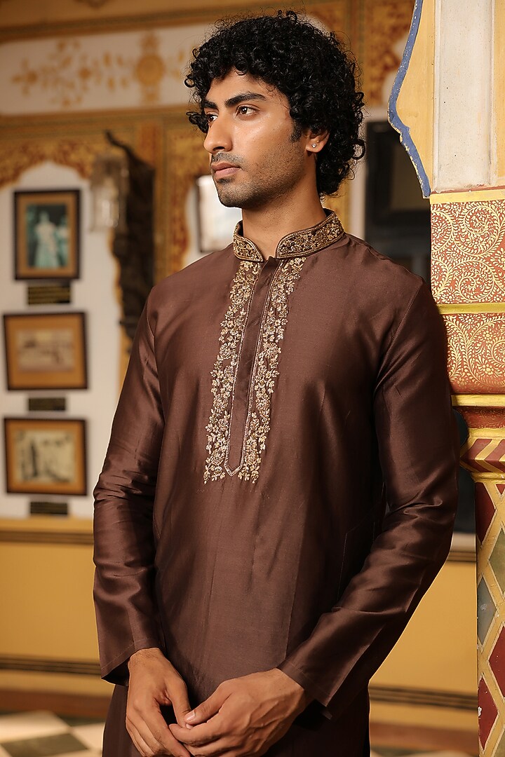 Brown Silk Tencel Zardosi Embroidered Kurta Set by Niti Bothra Men at Pernia's Pop Up Shop