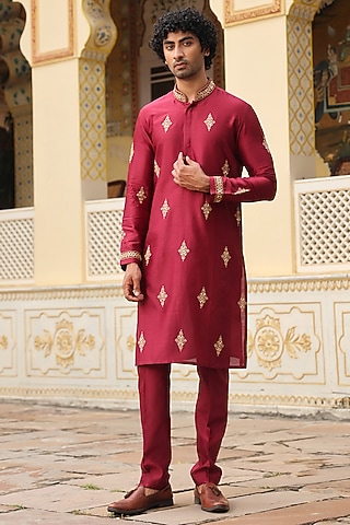 Maroon Silk Tencel Zari Embroidered Kurta Set by Niti Bothra Men