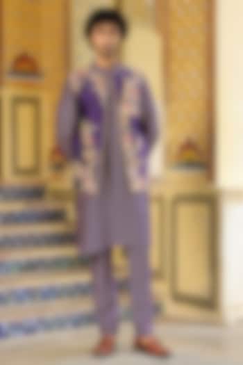 Purple Silk Tencel Applique Embroidered Bundi Jacket Set by Niti Bothra Men at Pernia's Pop Up Shop