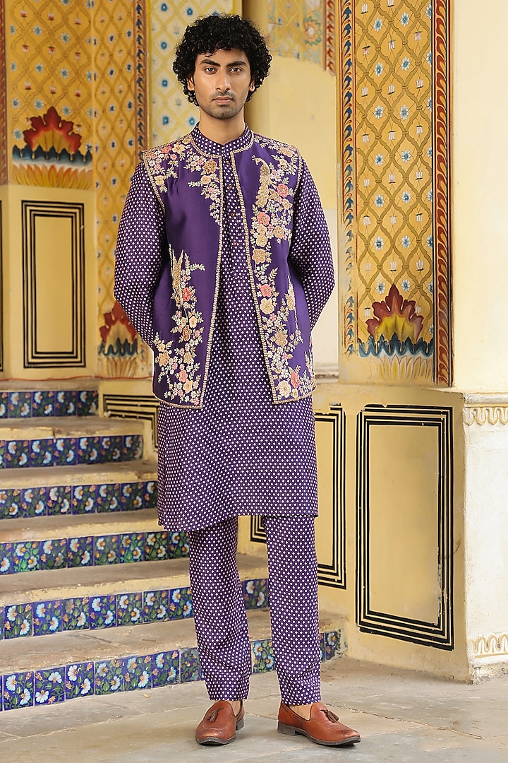 Purple Silk Tencel Applique Embroidered Bundi Jacket Set by Niti Bothra Men at Pernia's Pop Up Shop