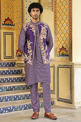 Purple Silk Tencel Applique Embroidered Bundi Jacket Set by Niti Bothra Men