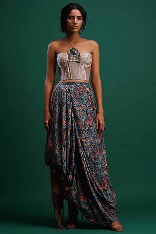 Blue & Powder Pink Printed Skirt by Nidhi Yasha