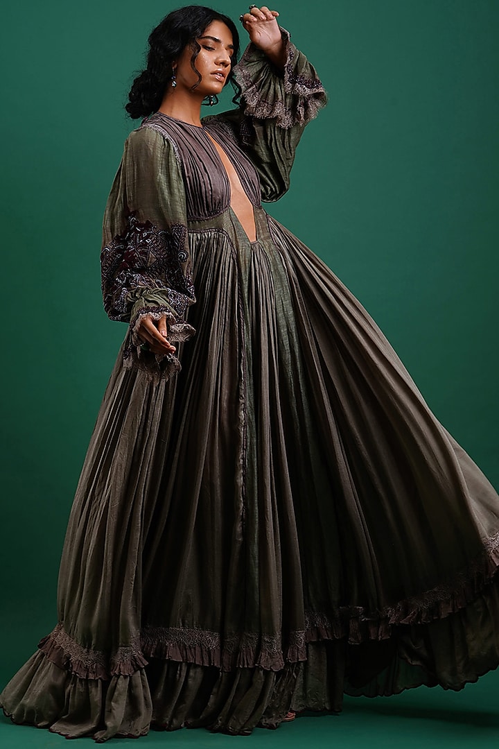 Olive Embroidered Gypsy Dress by Nidhi Yasha