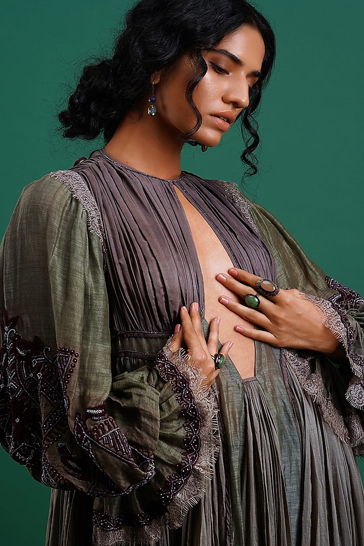 Olive Embroidered Gypsy Cocktail Dress by Nidhi Yasha at Pernia's Pop Up Shop