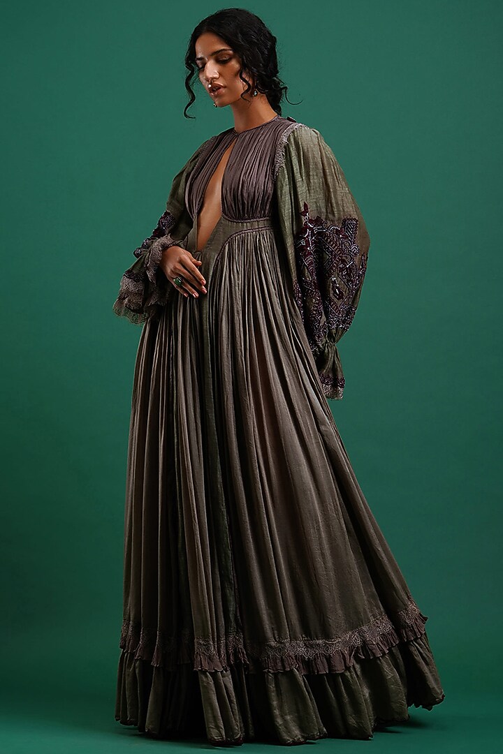 Olive Embroidered Gypsy Cocktail Dress by Nidhi Yasha at Pernia's Pop Up Shop