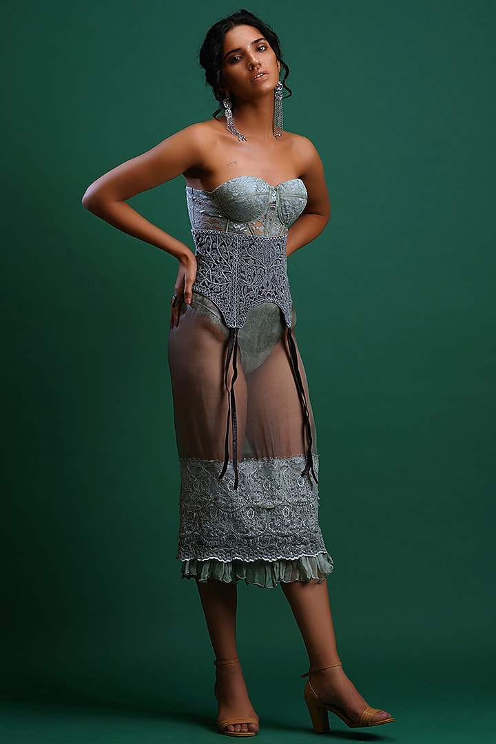 Grey Bodysuit With Leather Belt by Nidhi Yasha at Pernia's Pop Up Shop