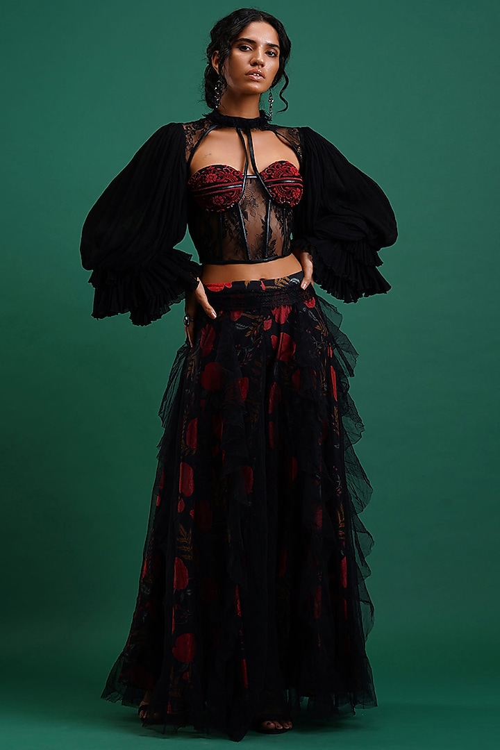 Black & Red Embroidered Corset Blouse by Nidhi Yasha