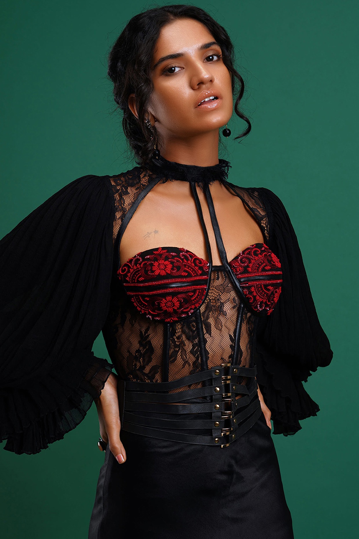 Black & Red Embroidered Corset Blouse Design by Nidhi Yasha at