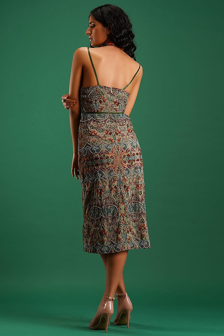 Olive Printed Cocktail Dress In Velvet by Nidhi Yasha at Pernia's Pop Up Shop